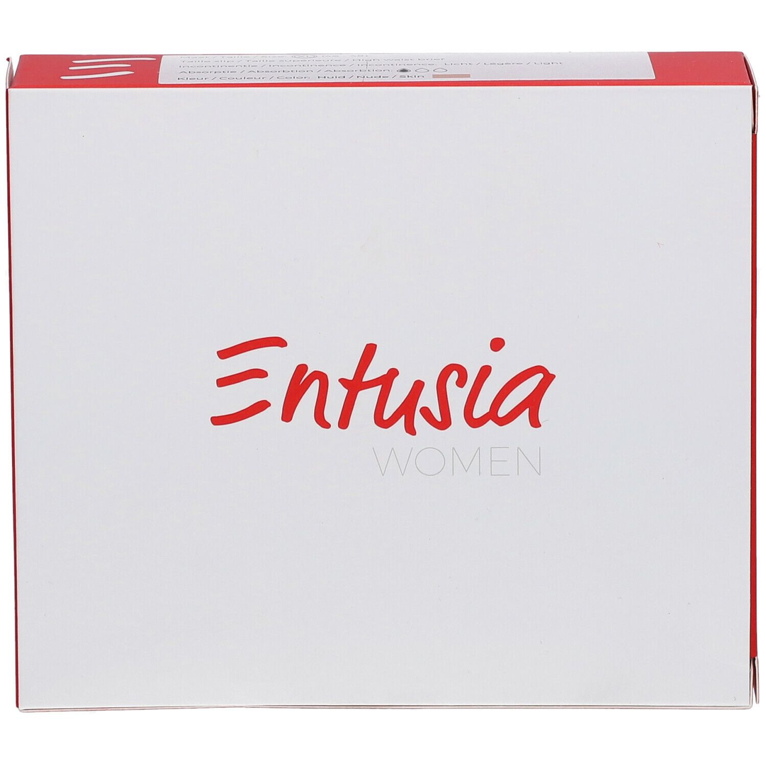 Boîte blanche avec texte rouge. Inscription "Entusia WOMEN".