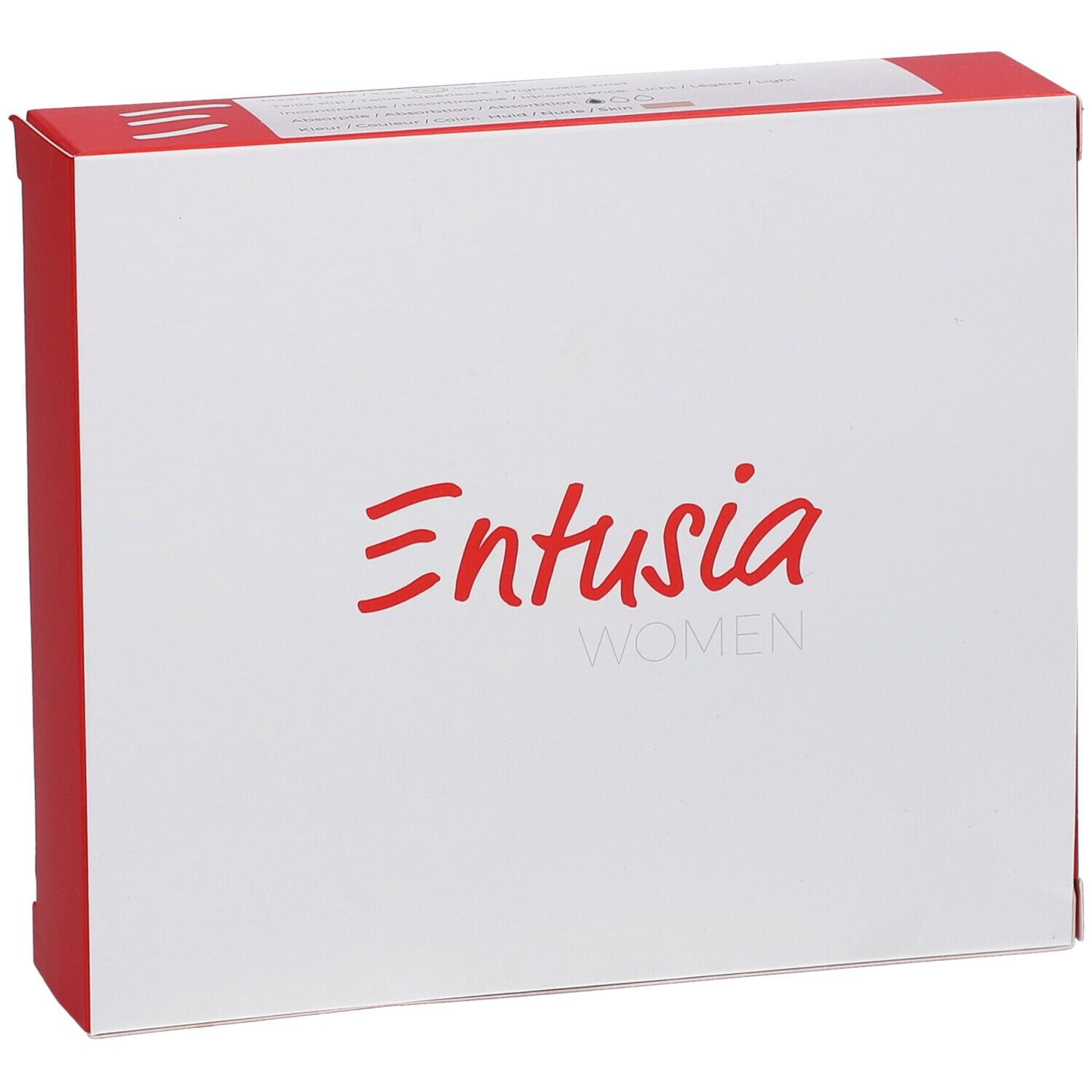 Boîte blanche avec texte rouge. Inscription "Entusia WOMEN". Côtés rouges.