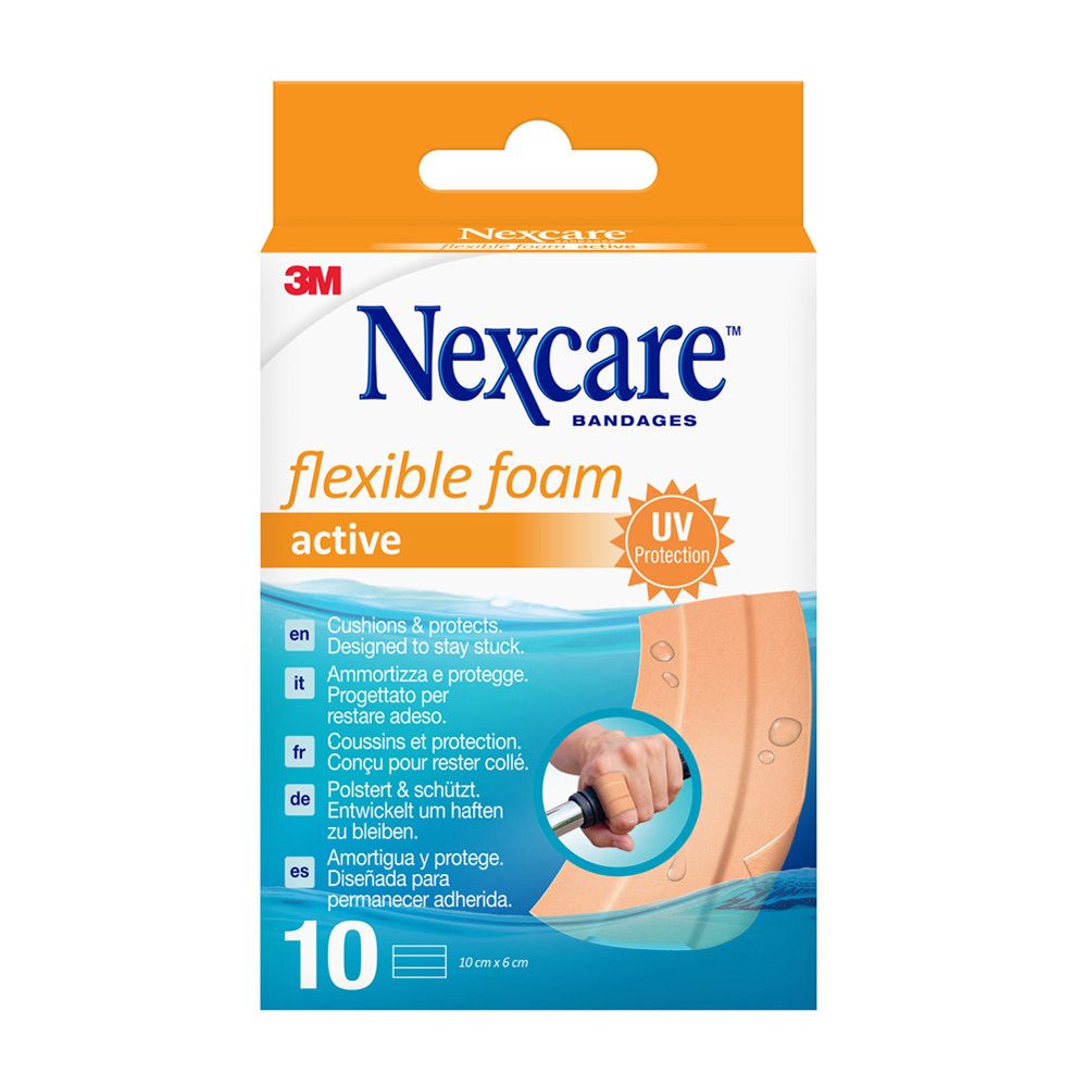 Nexcare flexible foam active. 10 pansements. Résistant à l'eau, longue durée. 10 x 6 cm. Emballage.