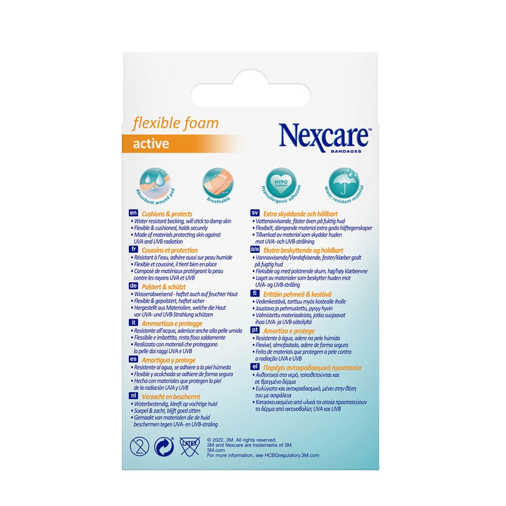 Dos de l'emballage avec informations produit. Nexcare flexible foam active. Multilingue.