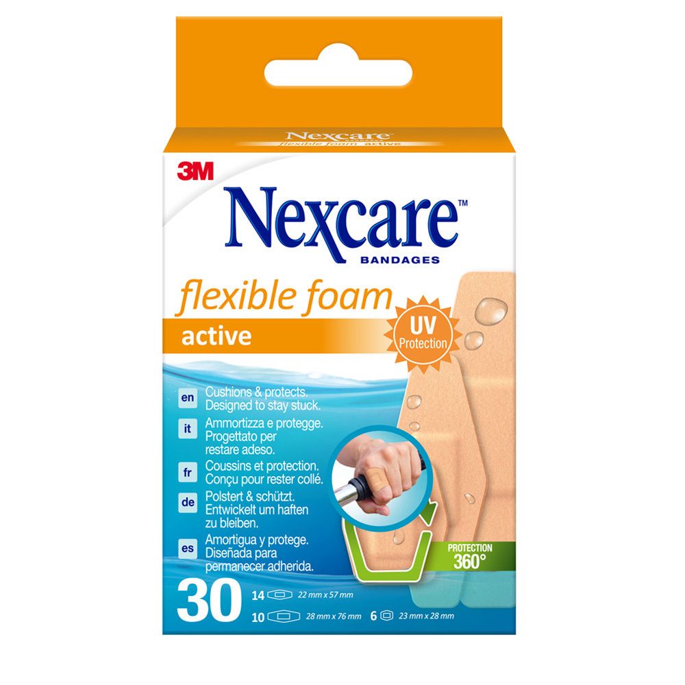 Doosje Nexcare flexible foam pleisters. 30 pleisters, verschillende maten.