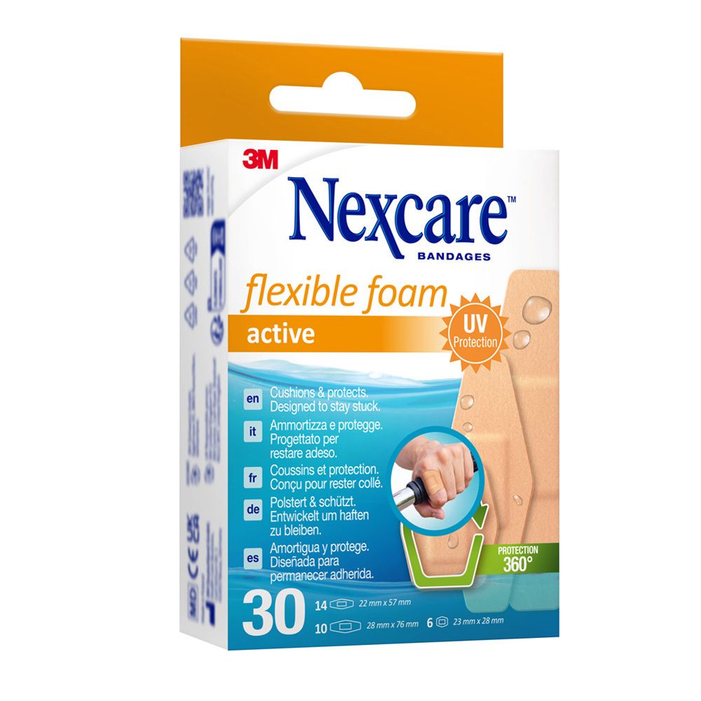Doosje Nexcare flexible foam pleisters. 30 pleisters, verschillende maten.