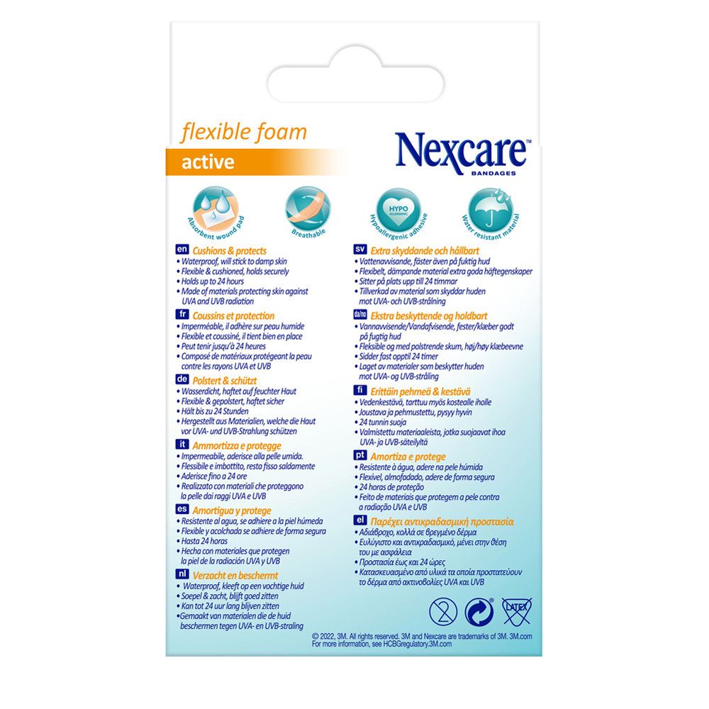 Achterkant van de doos met informatie over Nexcare flexible foam pleisters.