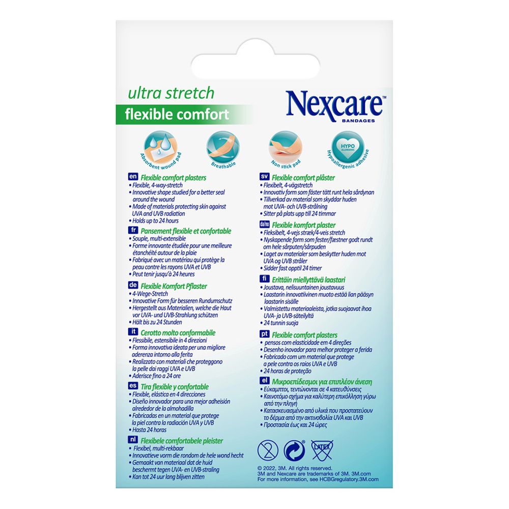 Achterkant van de verpakking met informatie over Nexcare Ultra Stretch pleisters.