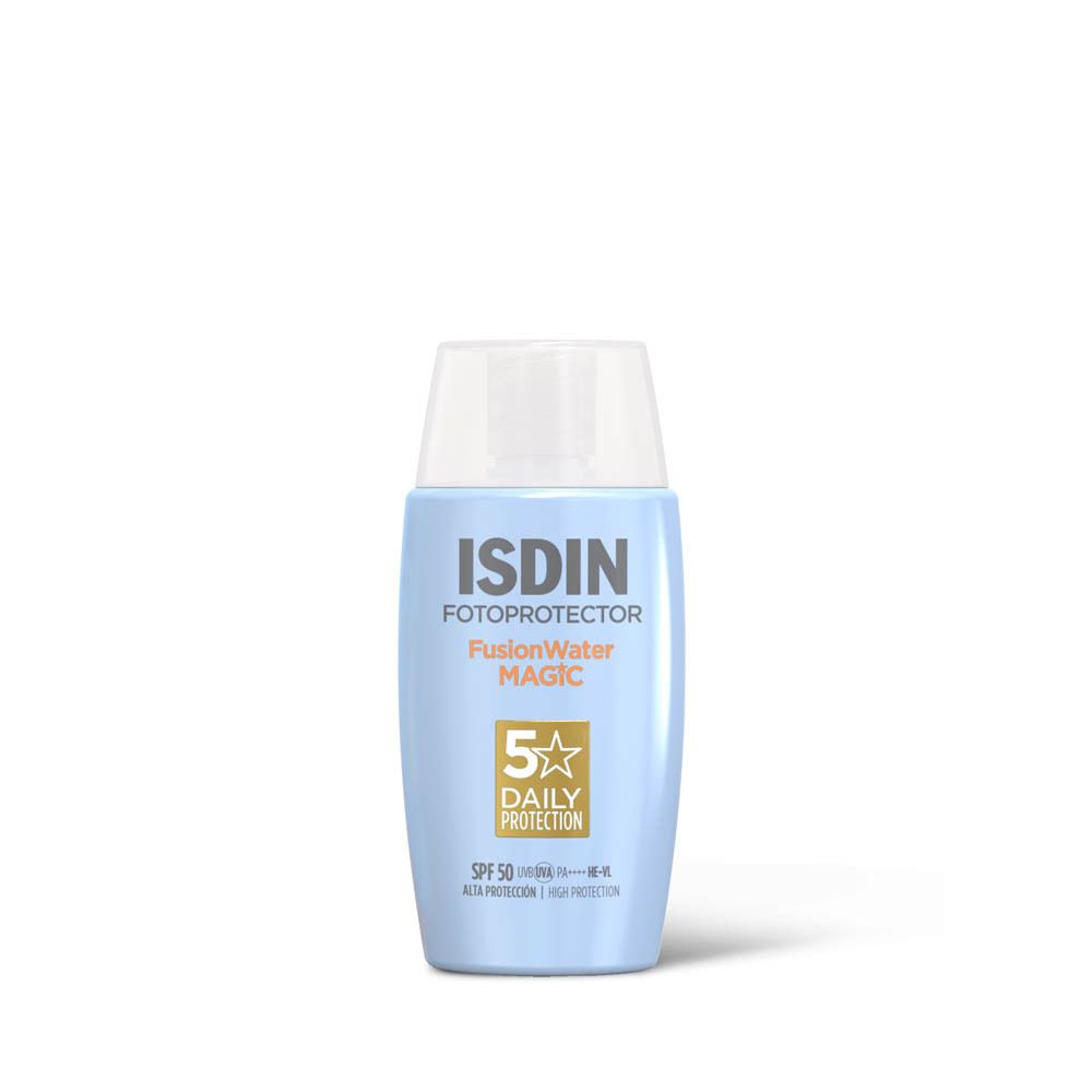 ISDIN Fotoprotector FusionWater MAGIC. Blauwe fles, witte dop. SPF 50.