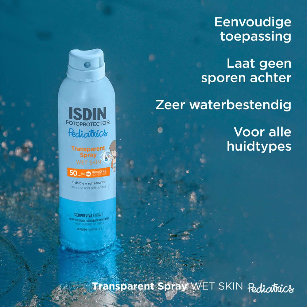 Spray ISDIN Fotoprotector, flacon bleu, bouchon blanc. Texte en néerlandais.