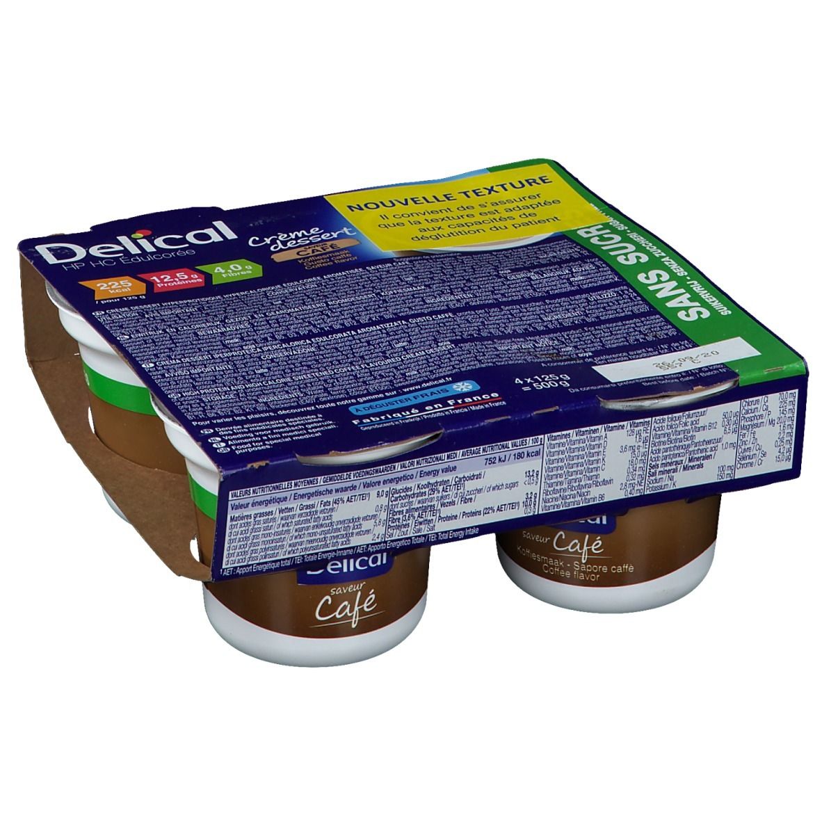 Pack de quatre pots Delical Crème dessert Café. Inscription Sans Sucre. Pots marron, couvercles verts.