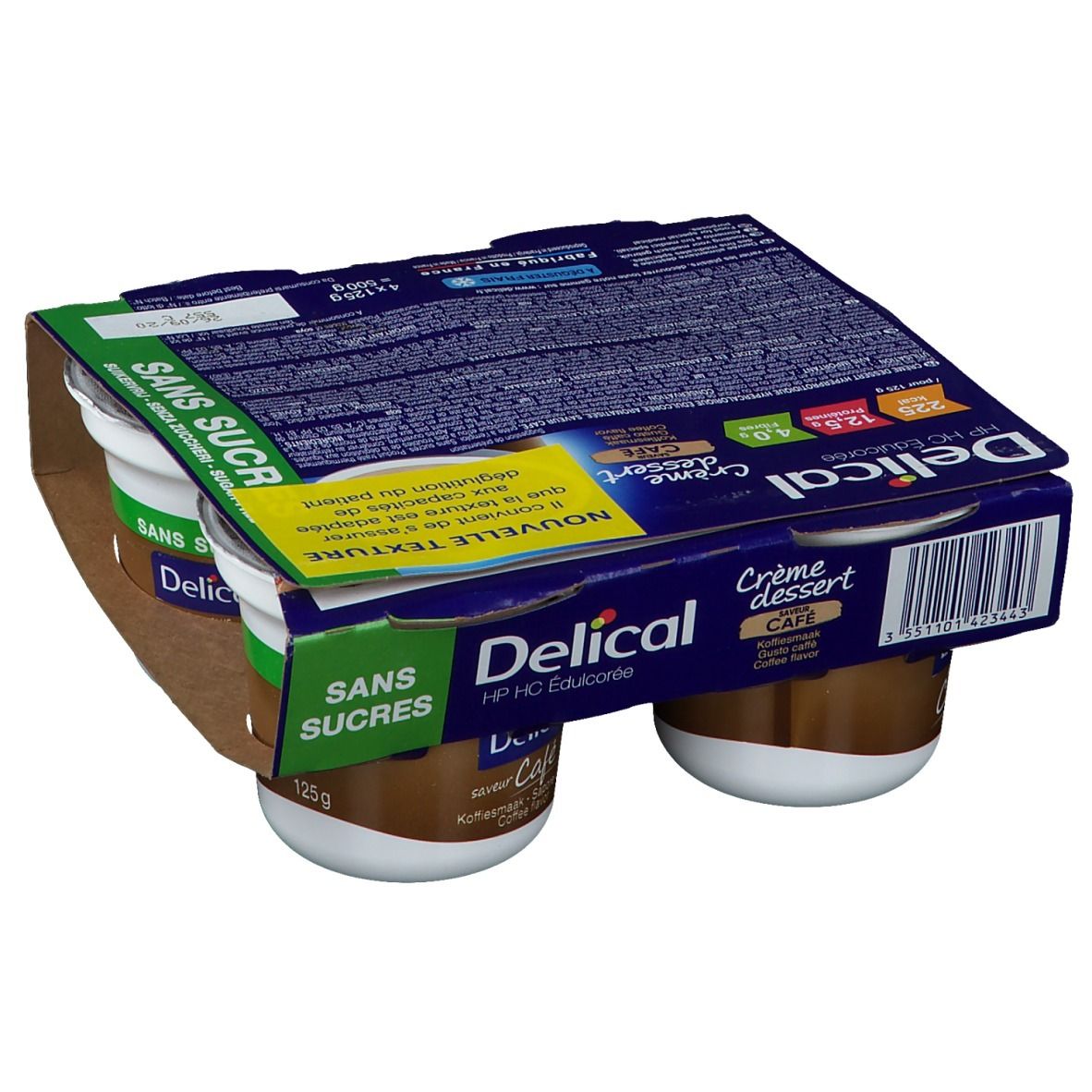 Pack de quatre pots Delical Crème dessert Café. Inscription Sans Sucre. Pots marron, couvercles verts.