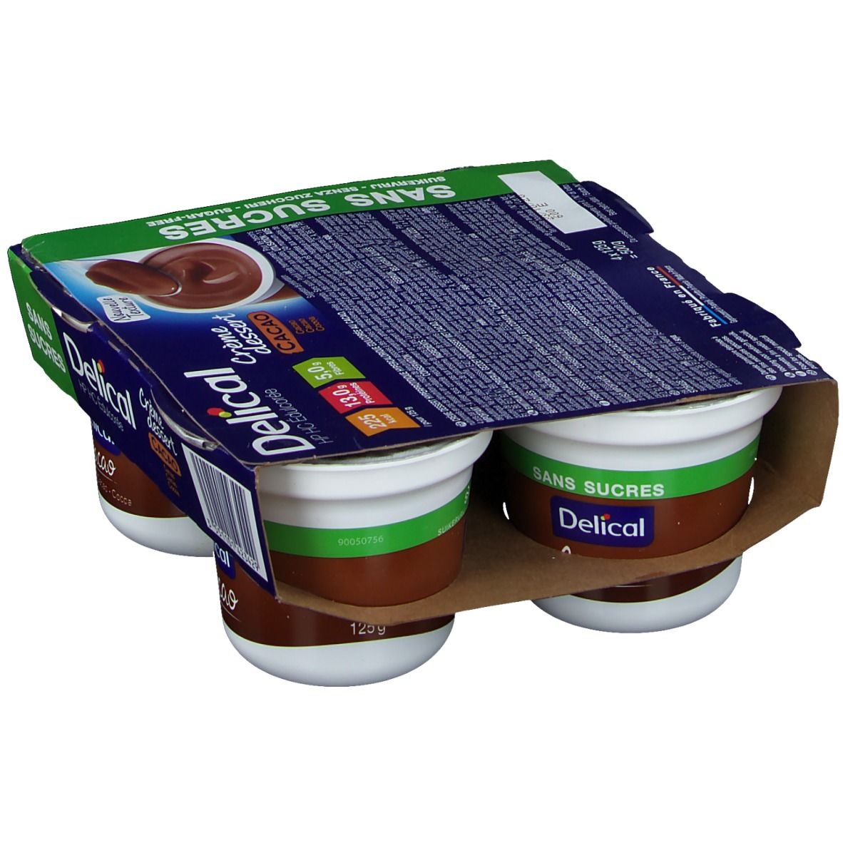 Emballage de 4 pots de Delical Crème dessert Cacao Sans Sucre. Pots de dessert marron, bord blanc et couvercle vert.