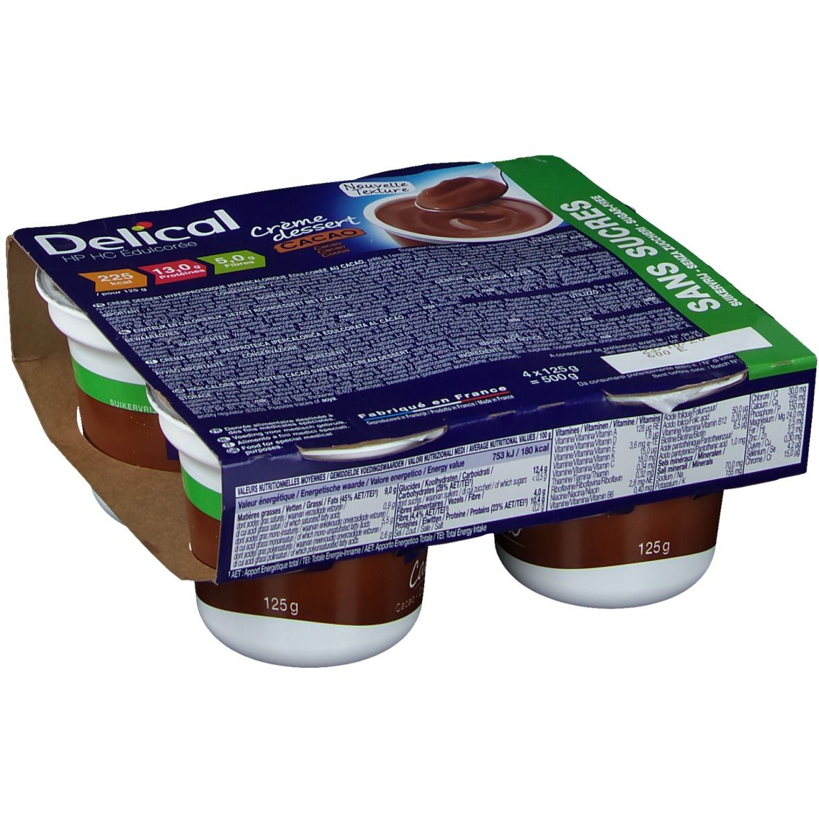 Emballage de 4 pots de Delical Crème dessert Cacao Sans Sucre. Pots de dessert marron, bord blanc et couvercle vert.