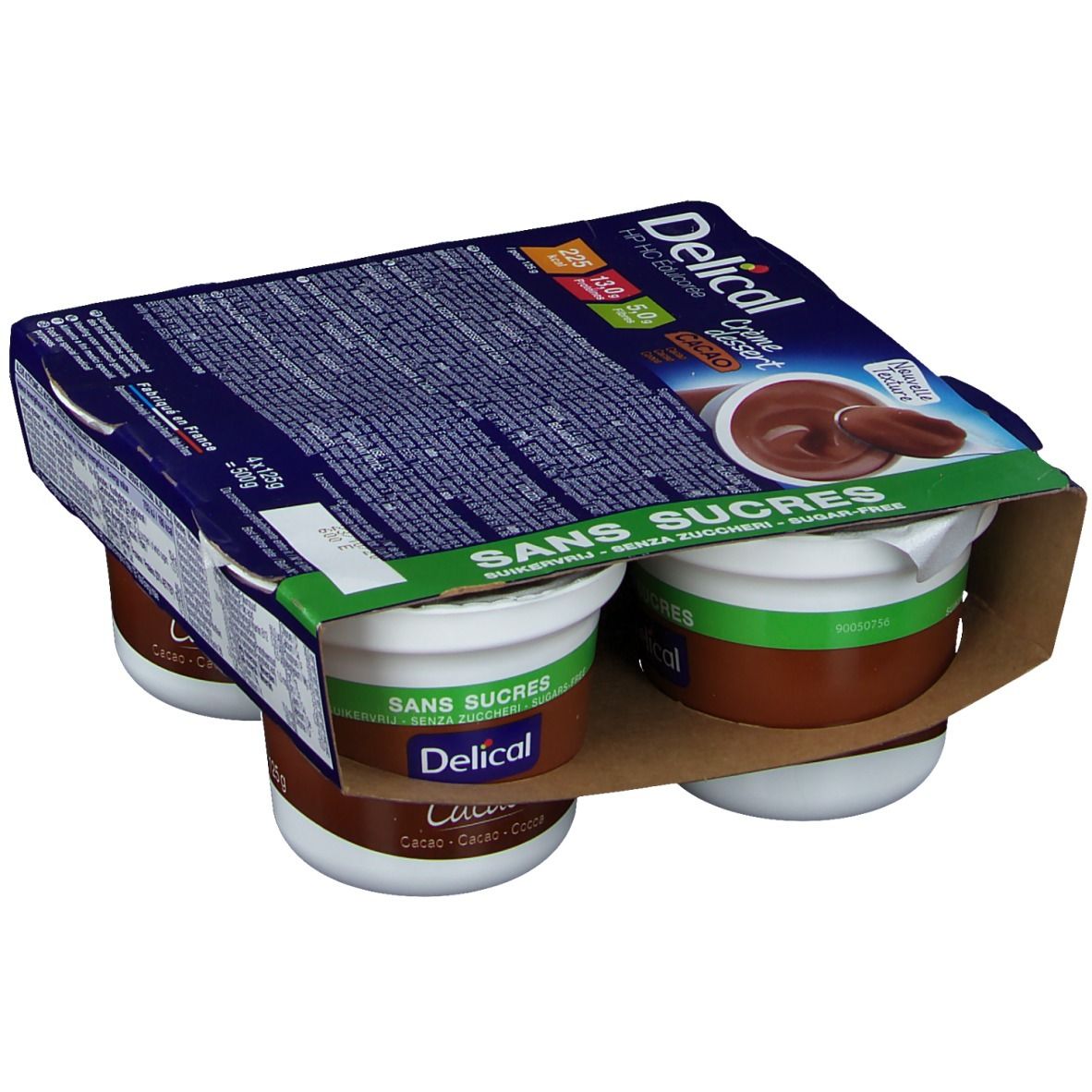 Emballage de 4 pots de Delical Crème dessert Cacao Sans Sucre. Pots de dessert marron, bord blanc et couvercle vert.