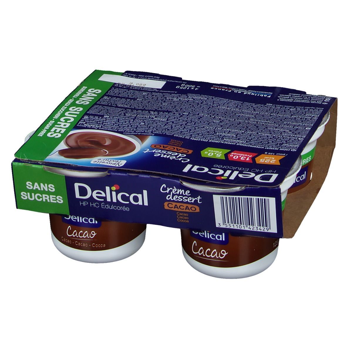 Emballage de 4 pots de Delical Crème dessert Cacao Sans Sucre. Pots de dessert marron, bord blanc et couvercle vert.