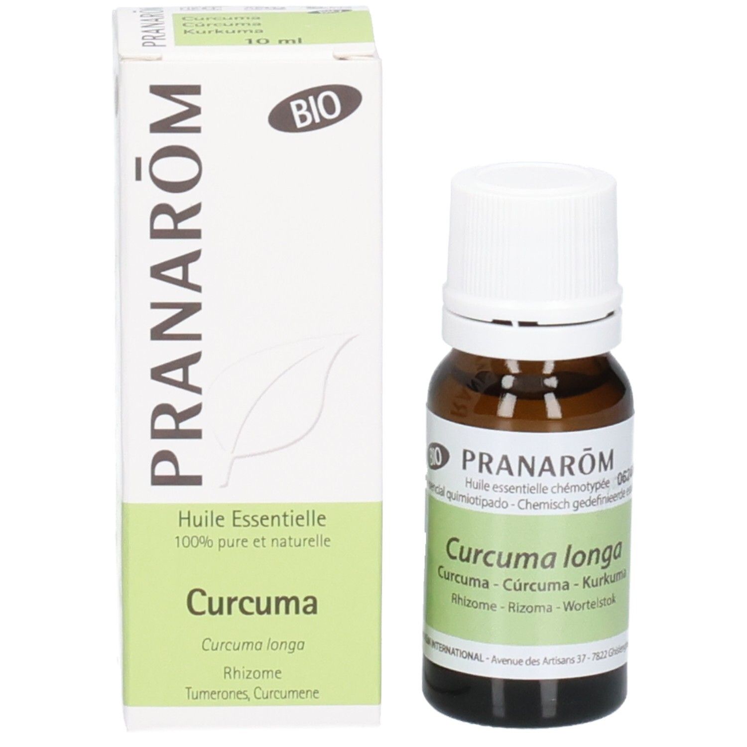 Pranarôm Kurkuma etherische olie en verpakking. 10ml.