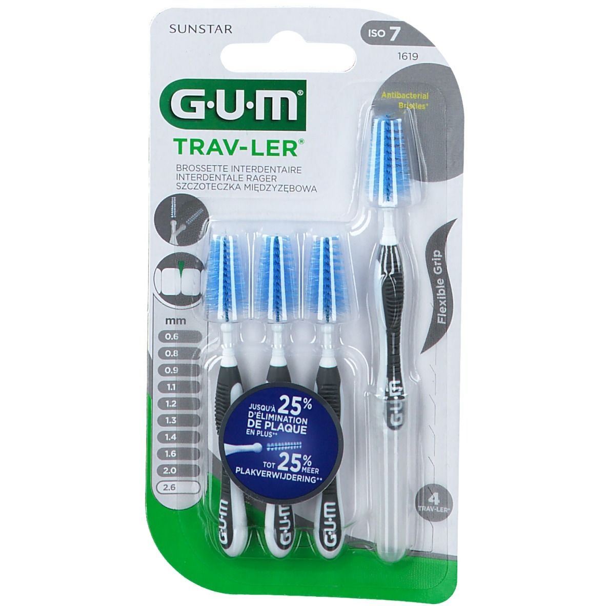 GUM Trav-ler interdentale borstels in blisterverpakking. Vier borstels met blauwe borstelharen en zwarte handgreep. Maat 0,6 mm.
