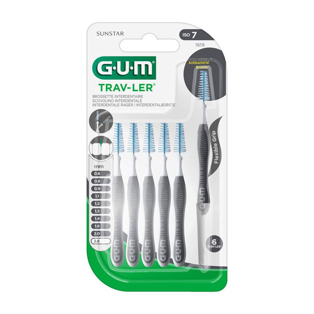 Ensemble de brosses interdentaires avec poils bleus et manches gris. Emballage avec indications de tailles et nom de marque.