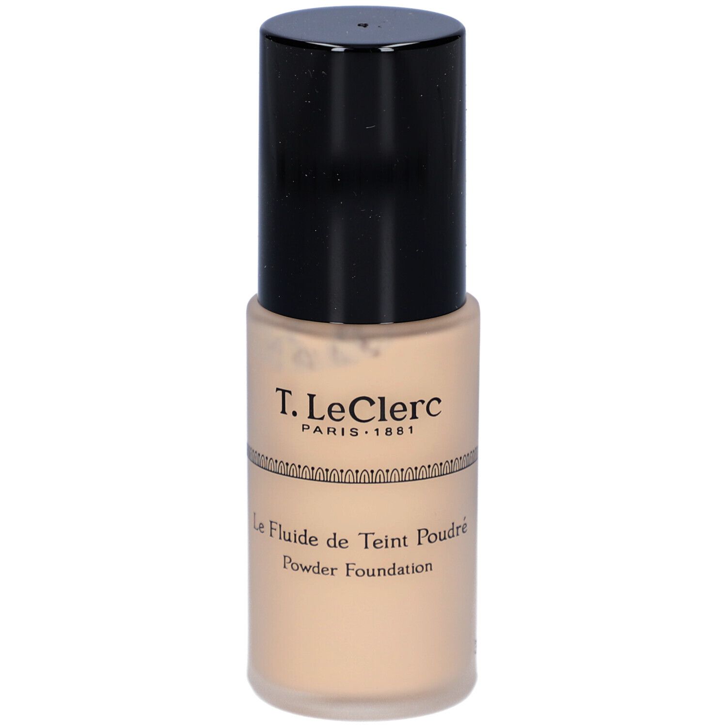 T. LeClerc foundation. Beige fles met zwarte dop. Opschrift: Le Fluide de Teint Poudré, Powder Foundation.