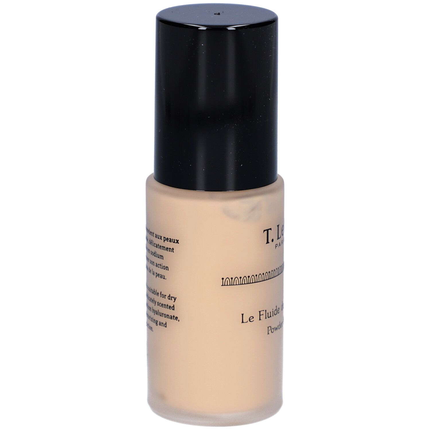 T. LeClerc foundation. Beige fles met zwarte dop. Tekst op de achterkant.