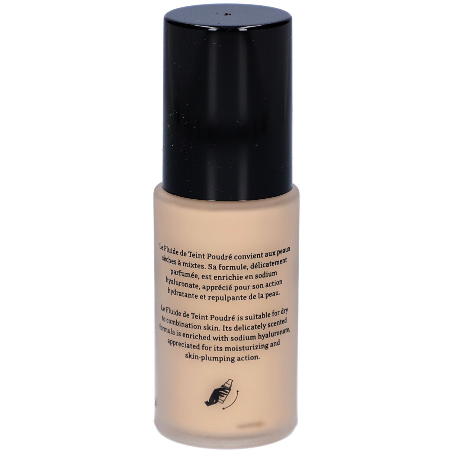 T. LeClerc foundation. Beige fles met zwarte dop. Tekst op de achterkant.