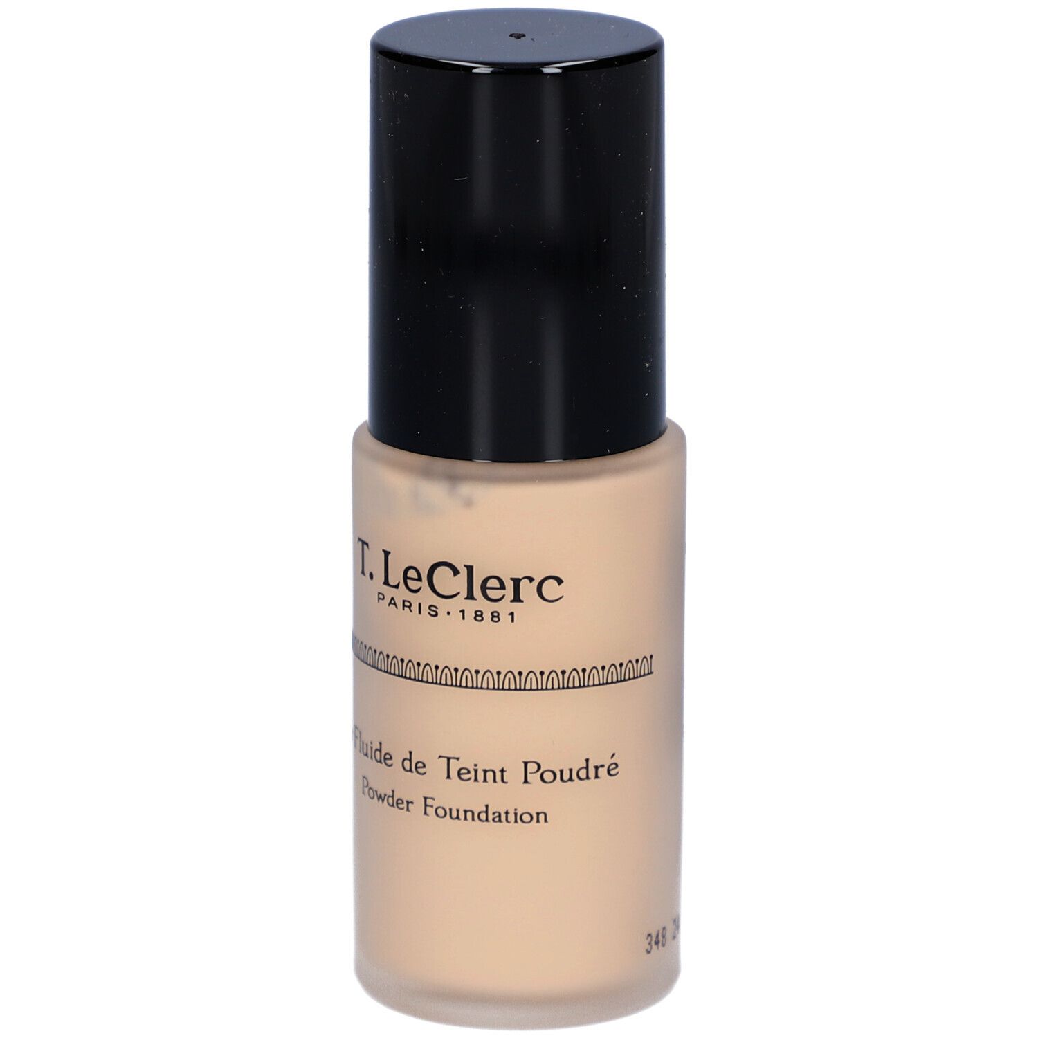 T. LeClerc foundation. Beige fles met zwarte dop. Opschrift: Le Fluide de Teint Poudré, Powder Foundation.