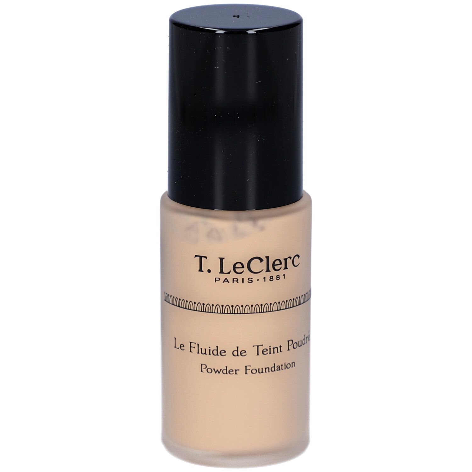 T. LeClerc foundation. Beige fles met zwarte dop. Opschrift: Le Fluide de Teint Poudré, Powder Foundation.