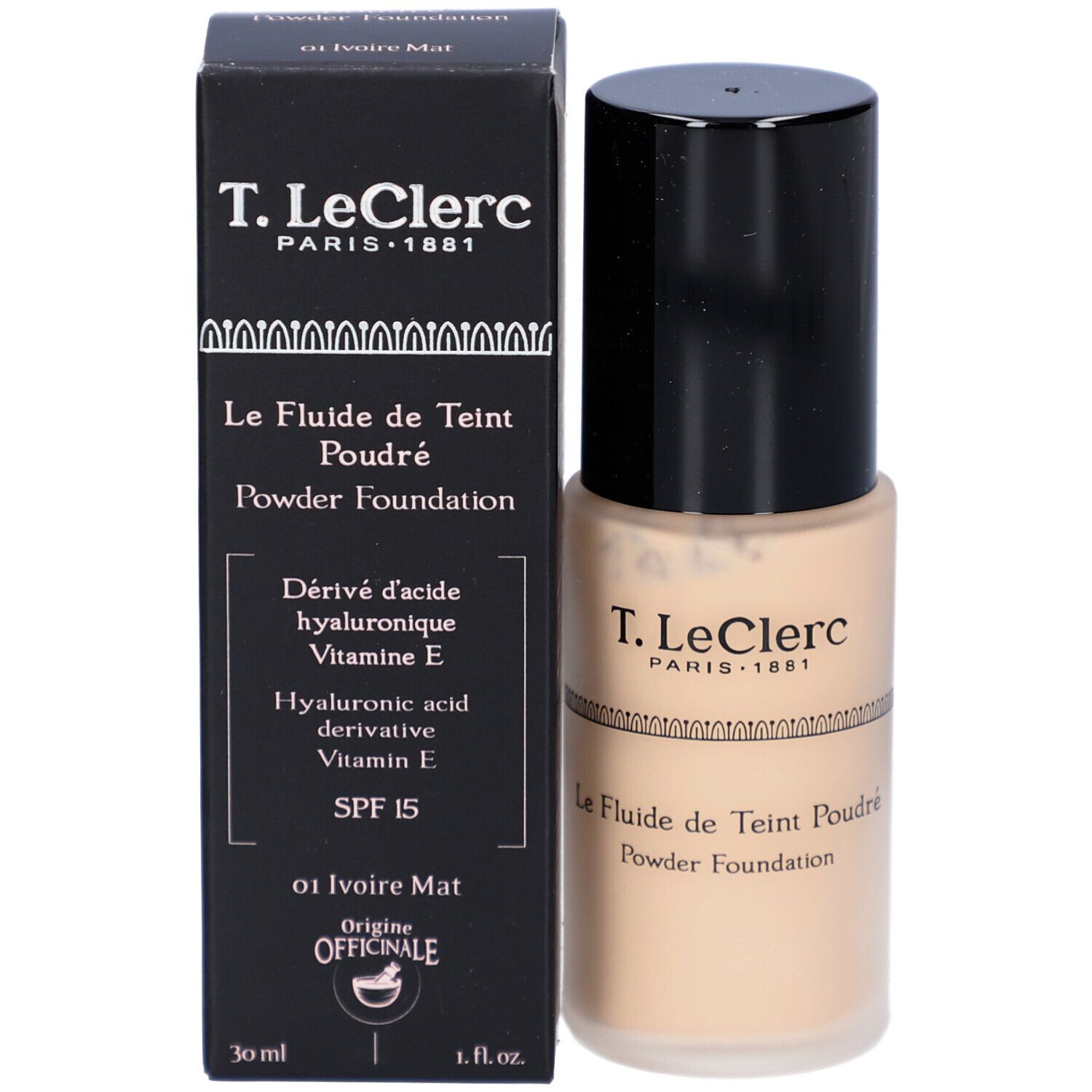 T. LeClerc foundation en verpakking. Zwarte doos en foundation. Opschrift: Le Fluide de Teint Poudré, 01 Ivoire Mat.