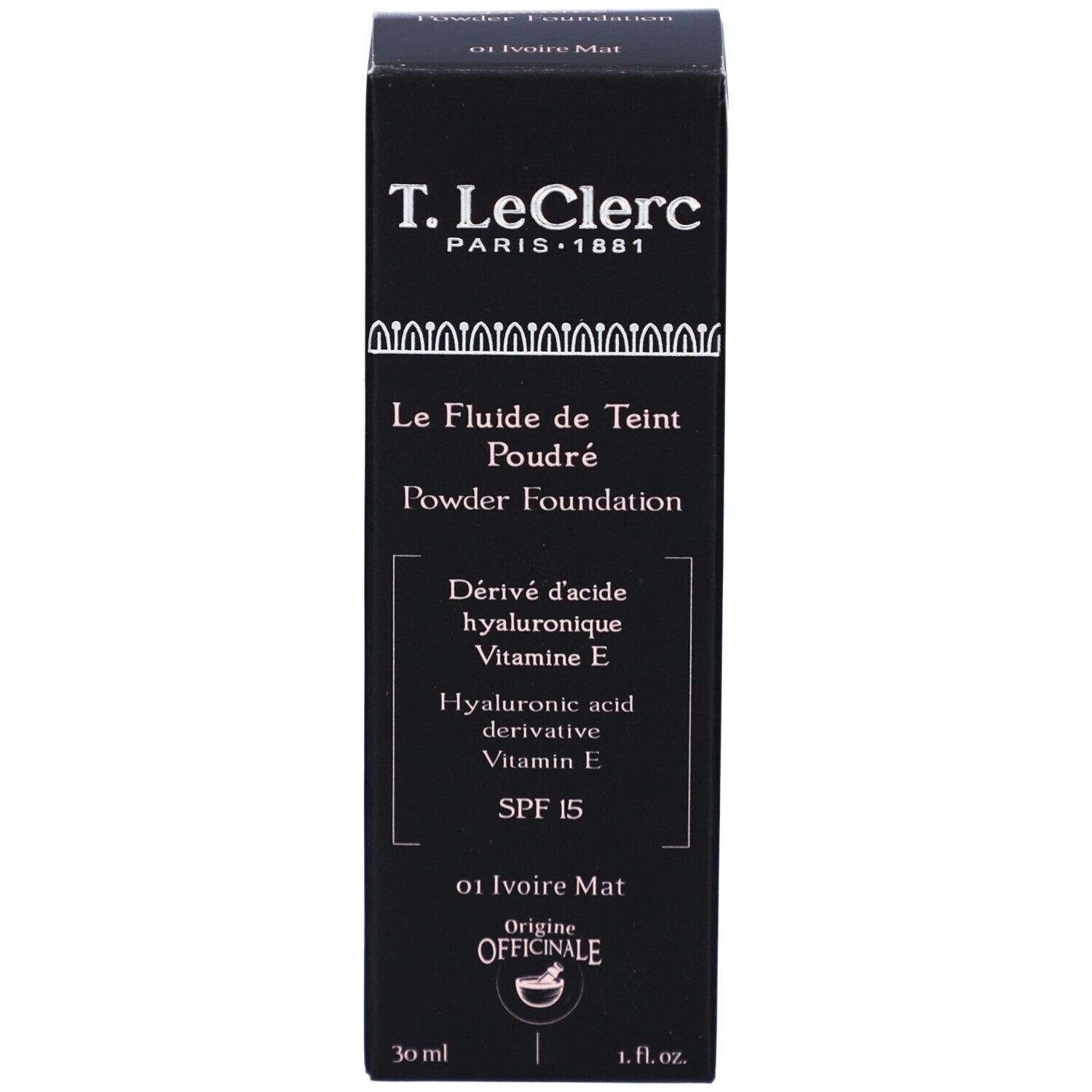 T. LeClerc foundation en verpakking. Zwarte doos. Opschrift: Le Fluide de Teint Poudré, 01 Ivoire Mat.