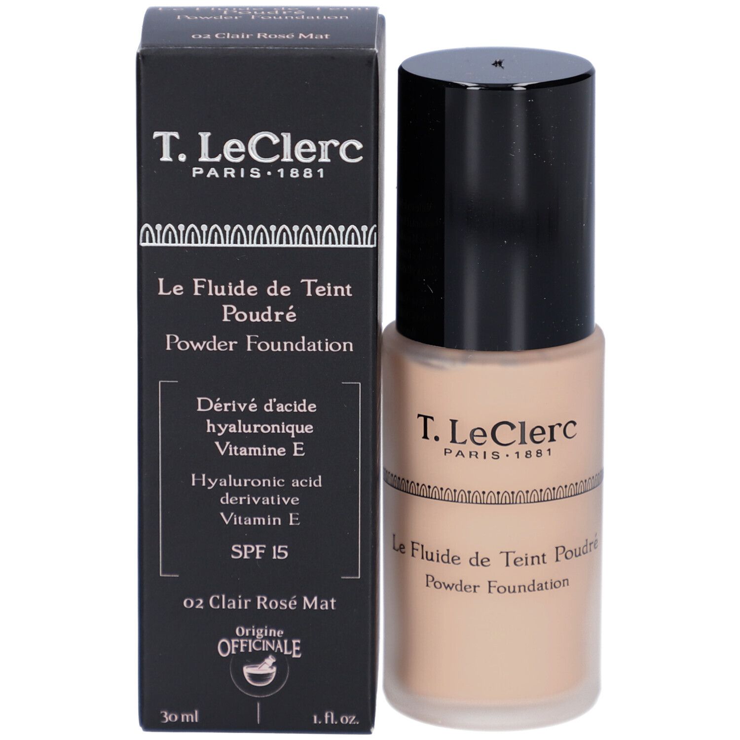 Fond de teint fluide et emballage. Boîte noire avec inscription : T. LeClerc, Le Fluide de Teint Poudré, SPF 15.
