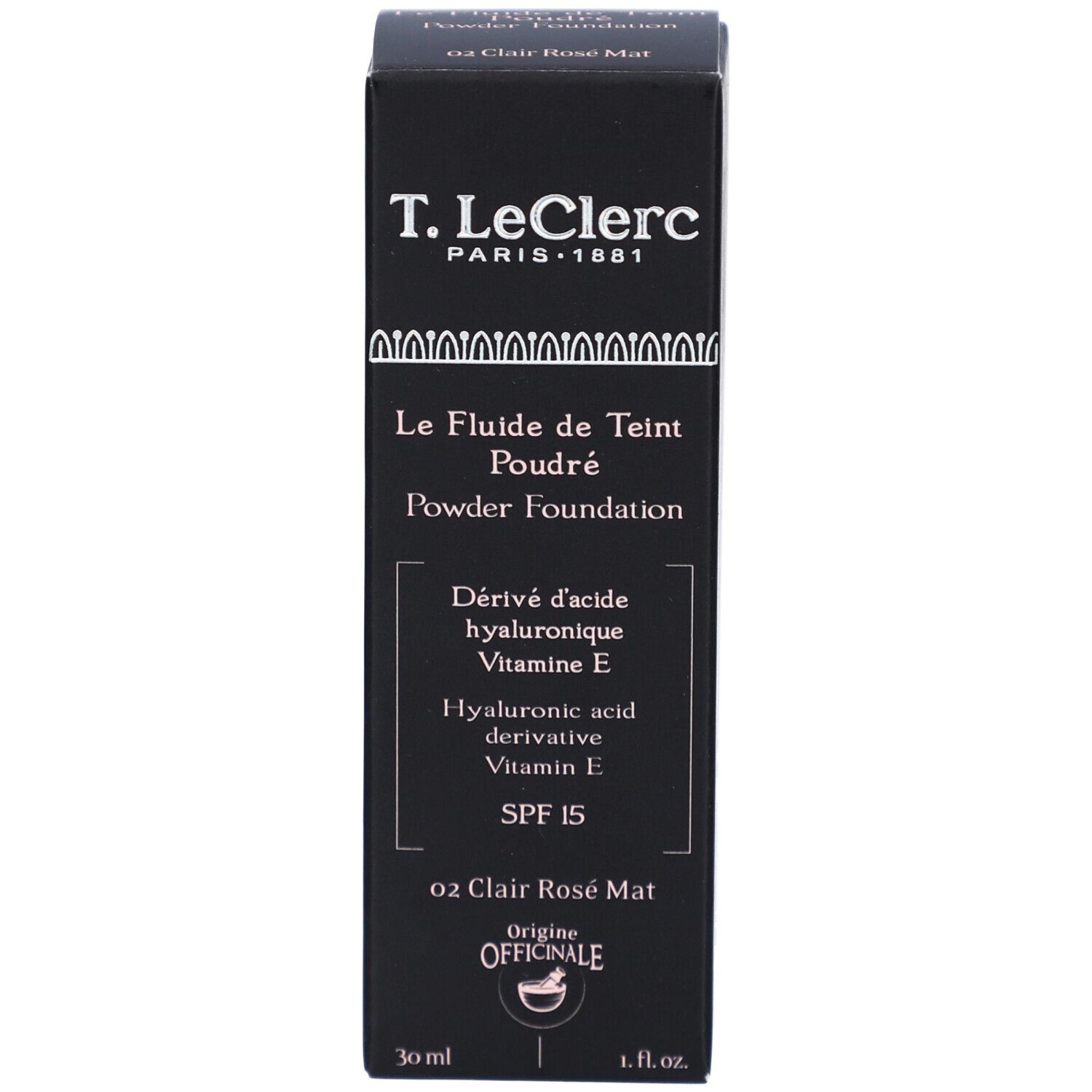 Emballage de fond de teint. Boîte noire avec inscription : T. LeClerc, Le Fluide de Teint Poudré, SPF 15.