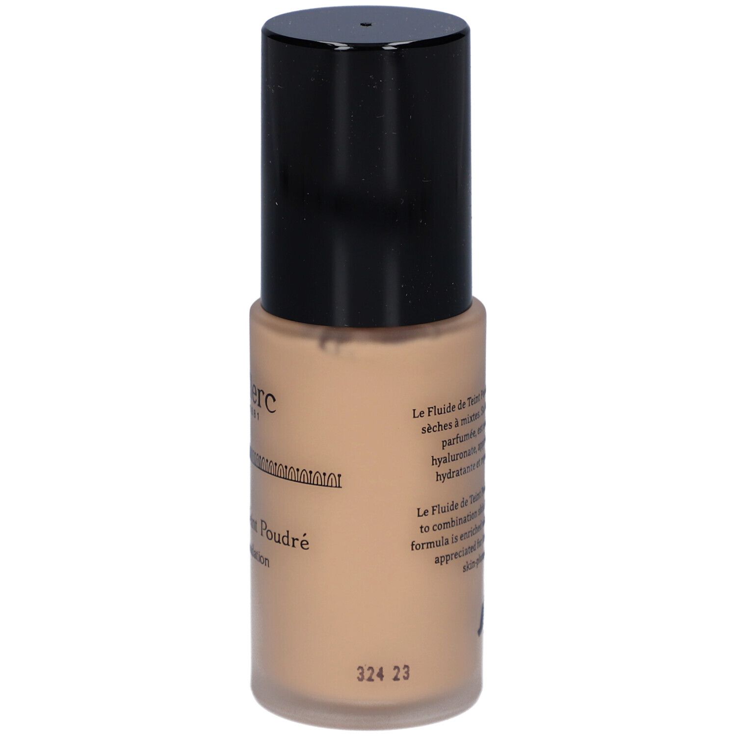 Beige vloeibare foundationfles met zwarte dop. Tekst op het etiket, met een nummer eronder.