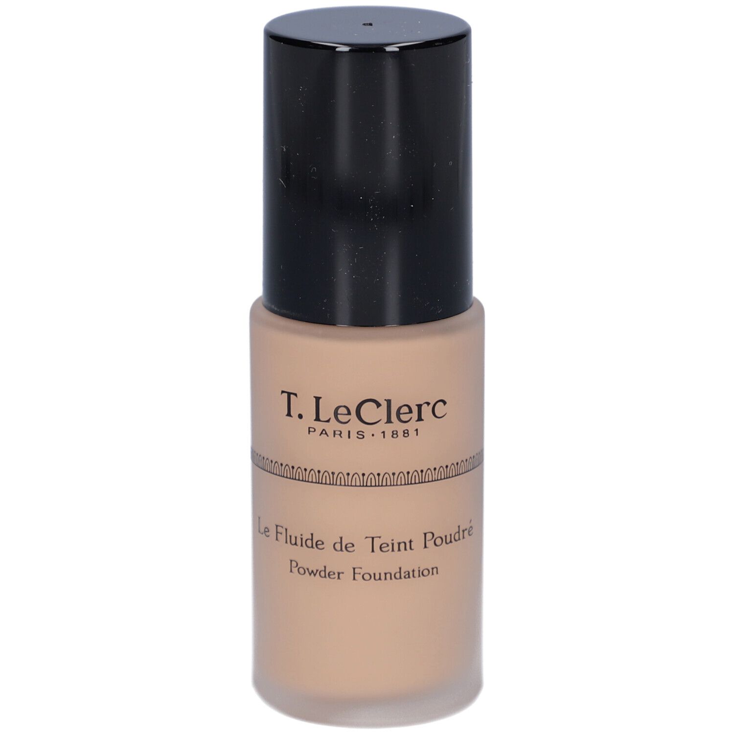 T. LeClerc Matte Fluid Foundation. Beige foundationfles met zwarte dop. Opschrift: Le Fluide de Teint Poudré.