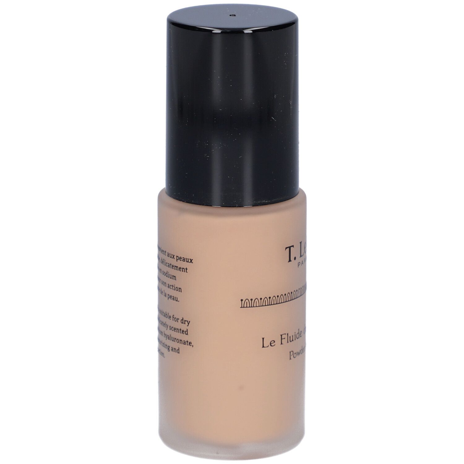 T. LeClerc Matte Fluid Foundation. Beige foundationfles met zwarte dop. Tekst op de fles.
