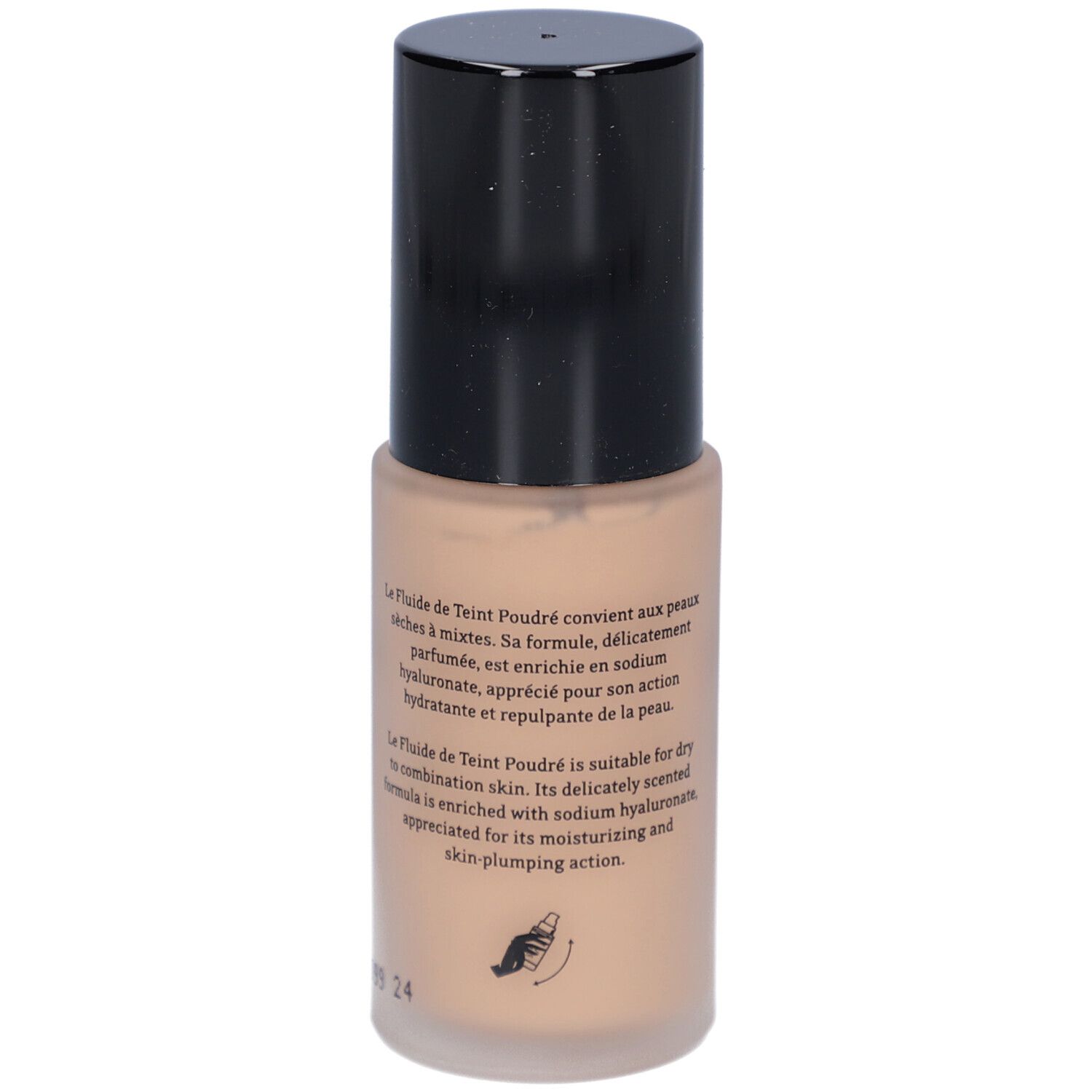 T. LeClerc Matte Fluid Foundation. Beige foundationfles met zwarte dop. Tekst op de fles.
