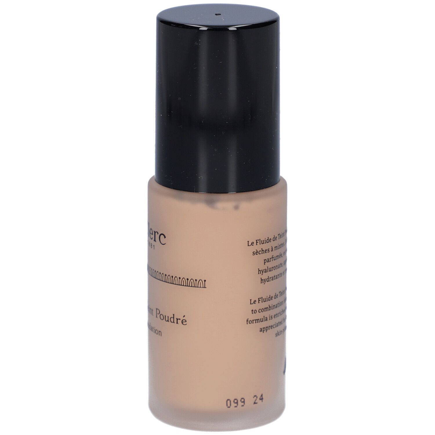 T. LeClerc Matte Fluid Foundation. Beige foundationfles met zwarte dop. Opschrift: Le Fluide de Teint Poudré.