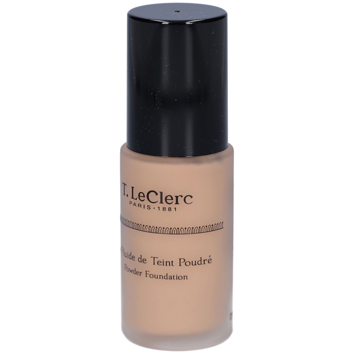 T. LeClerc Matte Fluid Foundation. Beige foundationfles met zwarte dop. Opschrift: Le Fluide de Teint Poudré.