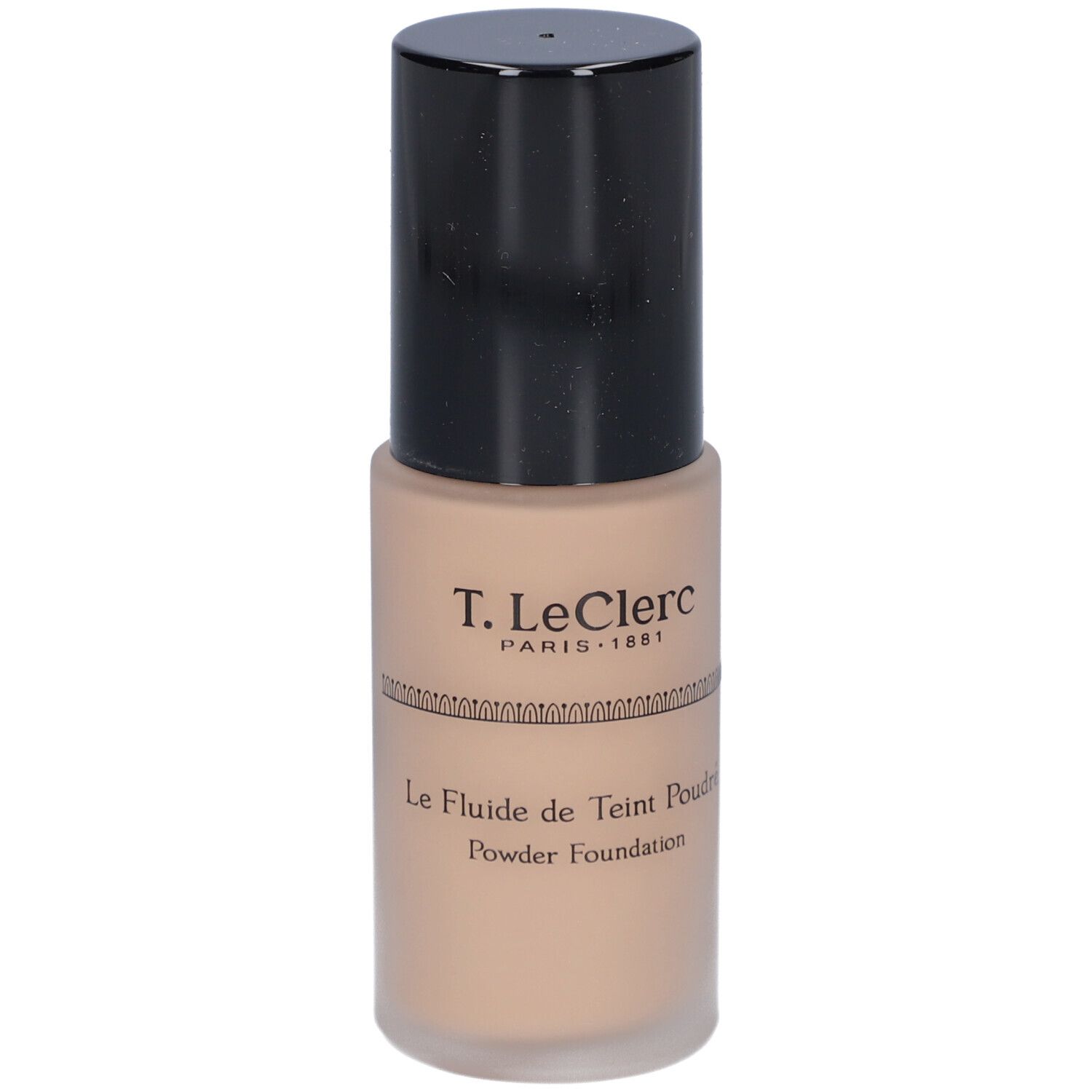 T. LeClerc Matte Fluid Foundation. Beige foundationfles met zwarte dop. Opschrift: Le Fluide de Teint Poudré.