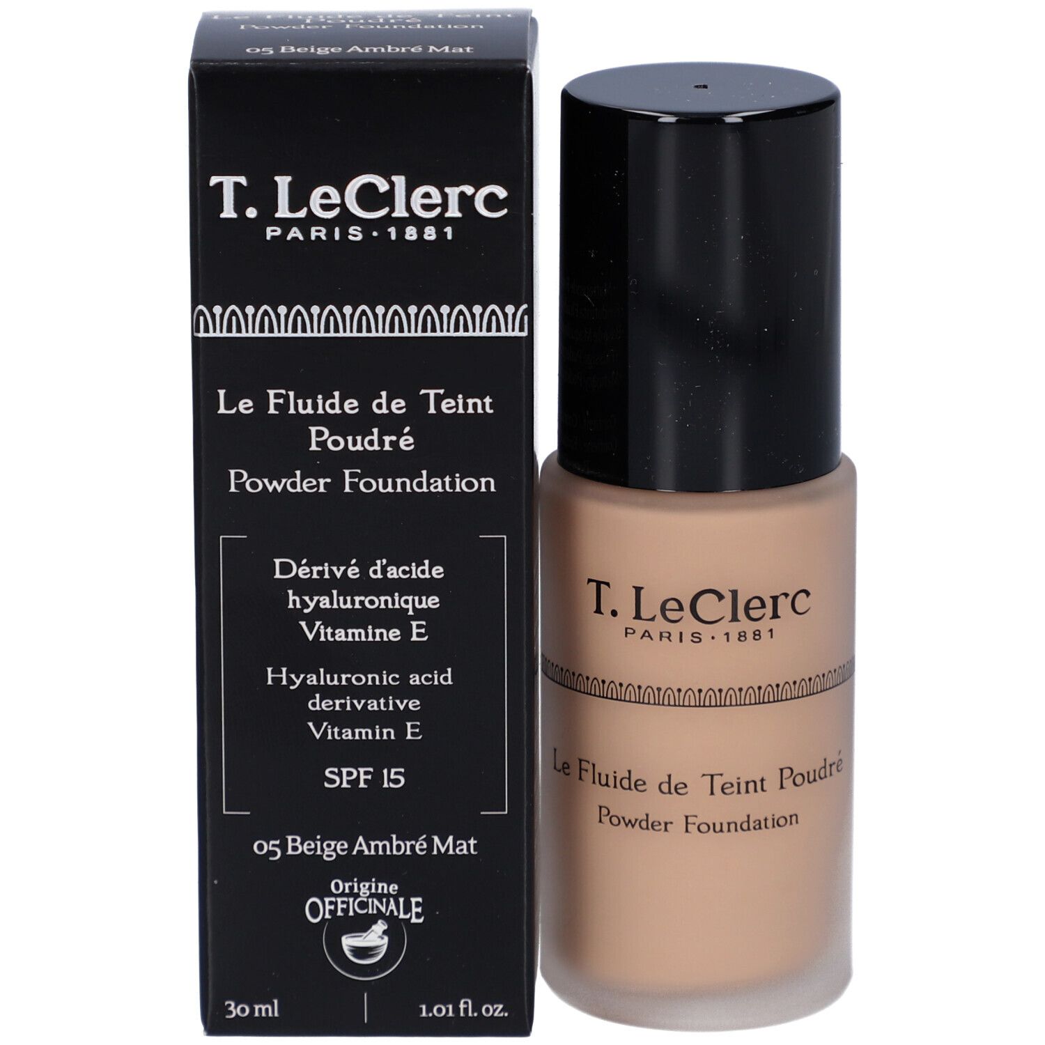 T. LeClerc Matte Fluid Foundation en verpakking. Zwarte doos en foundationfles. Opschrift: Le Fluide de Teint Poudré.