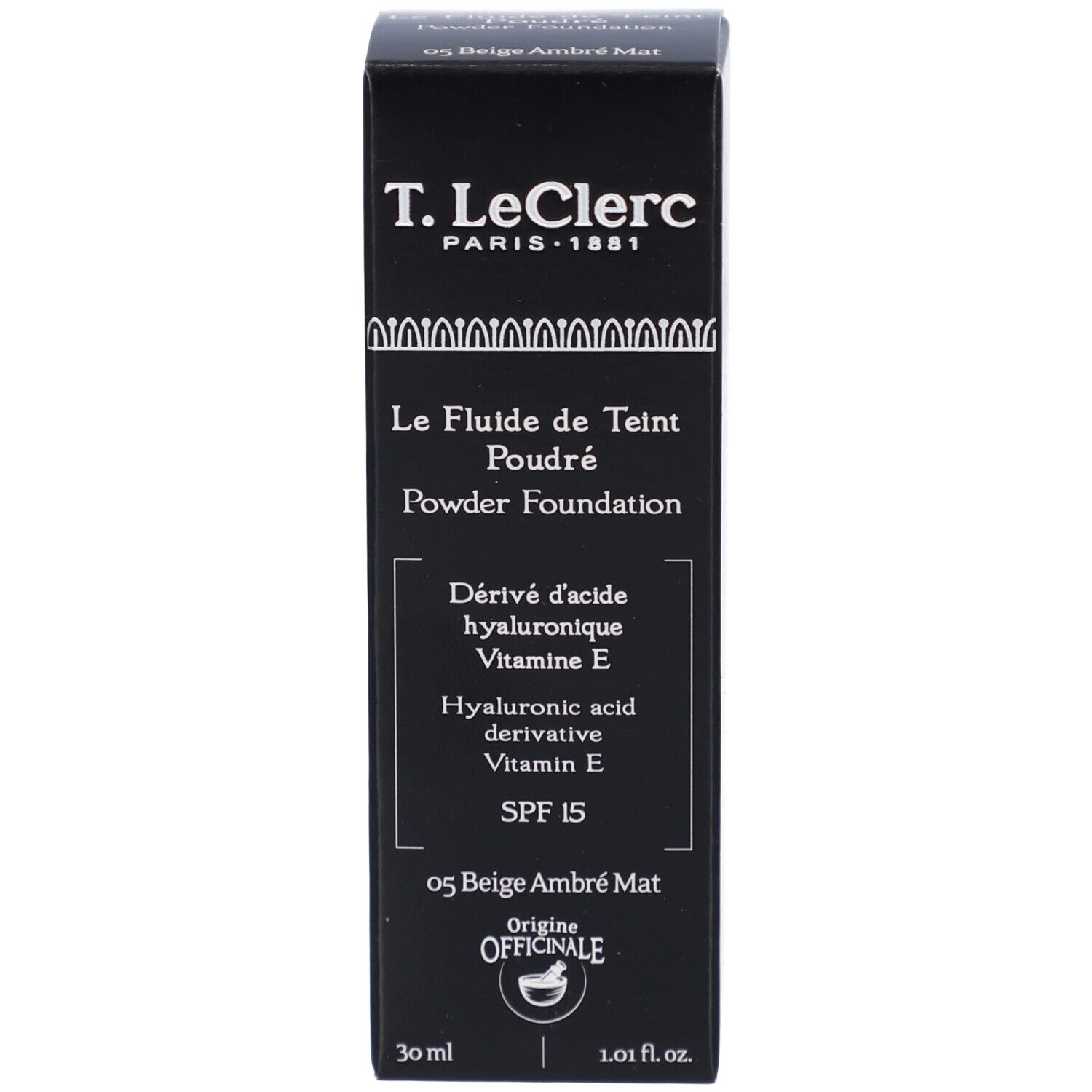T. LeClerc Matte Fluid Foundation verpakking. Zwarte doos. Opschrift: Le Fluide de Teint Poudré.