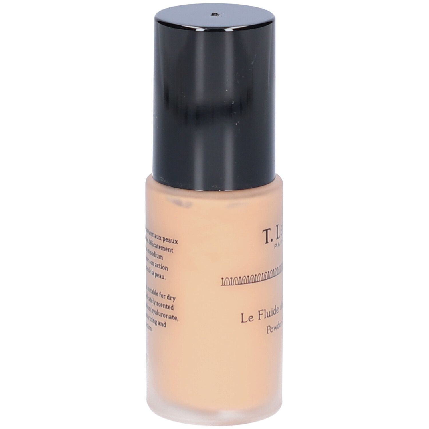 Beige vloeibare foundation fles met zwarte dop. Opschrift: T.LeClerc. Franse tekst.