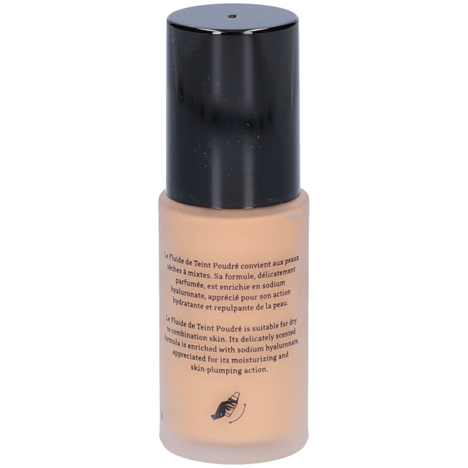 Beige vloeibare foundation fles met zwarte dop. Franse tekst. Hand symbool.