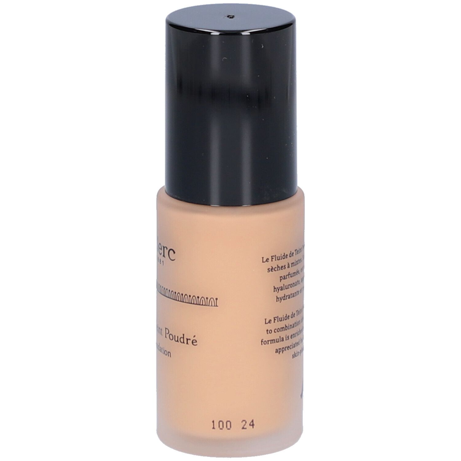Beige vloeibare foundation fles met zwarte dop. Opschrift: T.LeClerc. Franse tekst. Nummer 100 24.