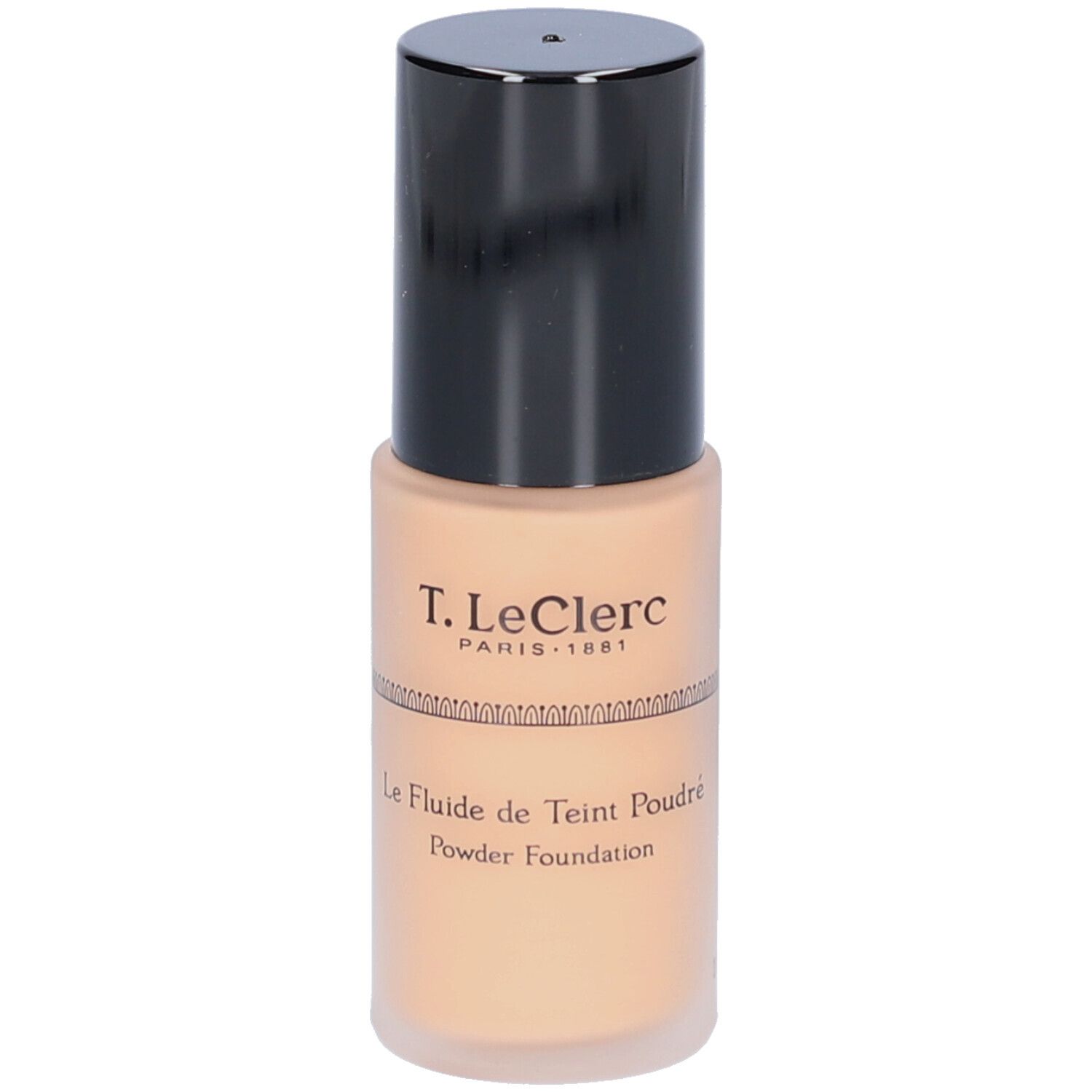 Beige vloeibare foundation fles met zwarte dop. Opschrift: T.LeClerc. Tekst: Le Fluide de Teint Poudré.