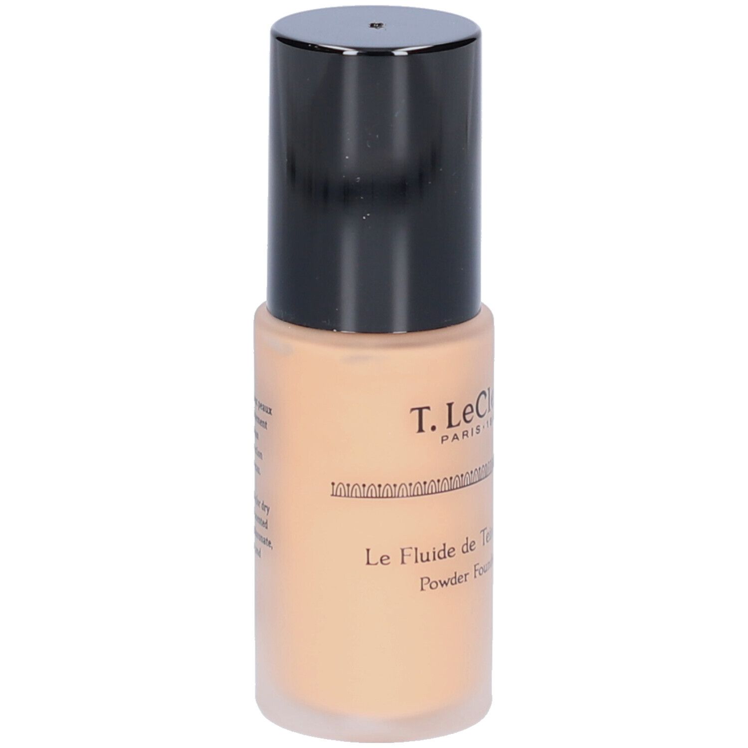 Beige vloeibare foundation fles met zwarte dop. Opschrift: T.LeClerc. Franse tekst.