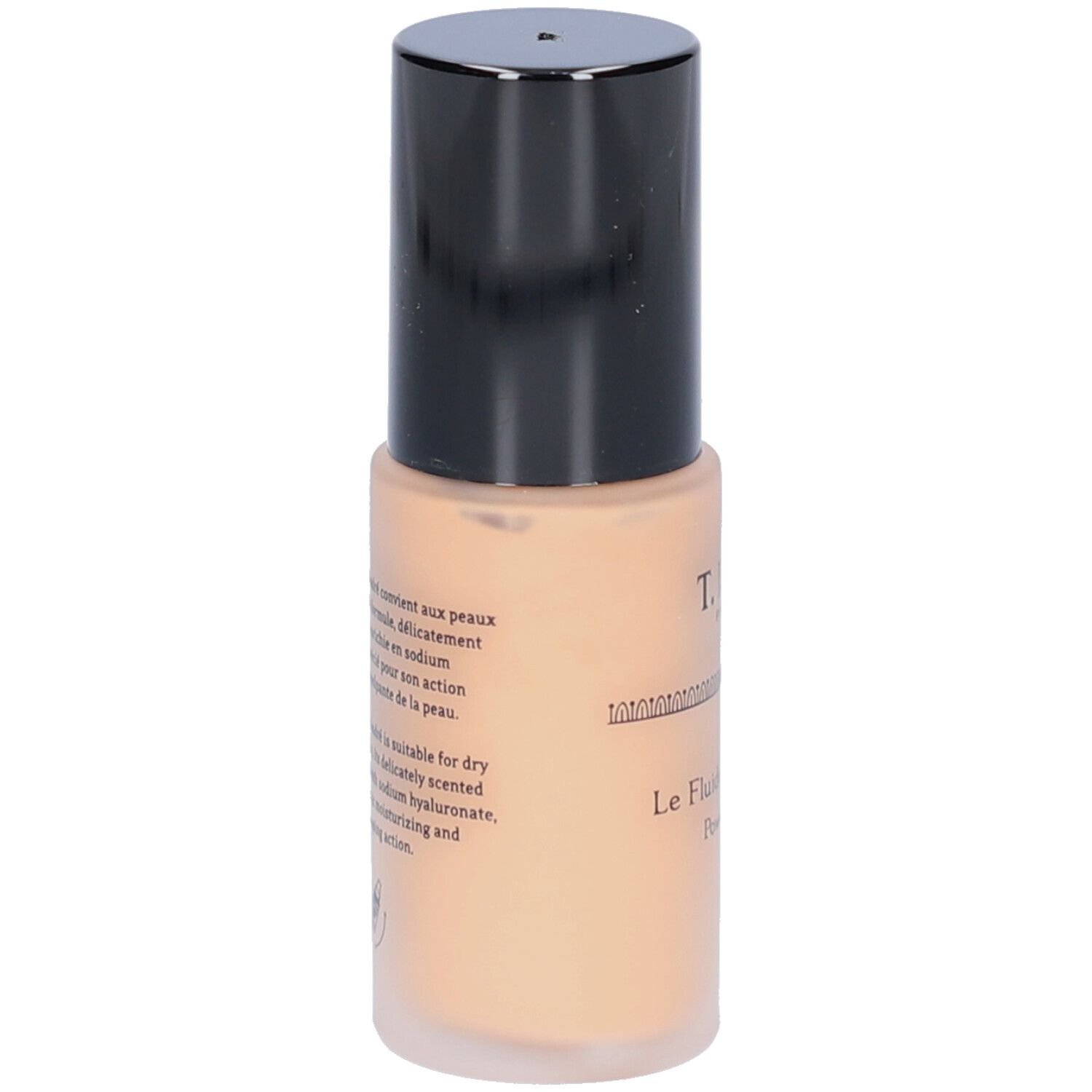 Beige vloeibare foundation fles met zwarte dop. Opschrift: T.LeClerc. Franse tekst.