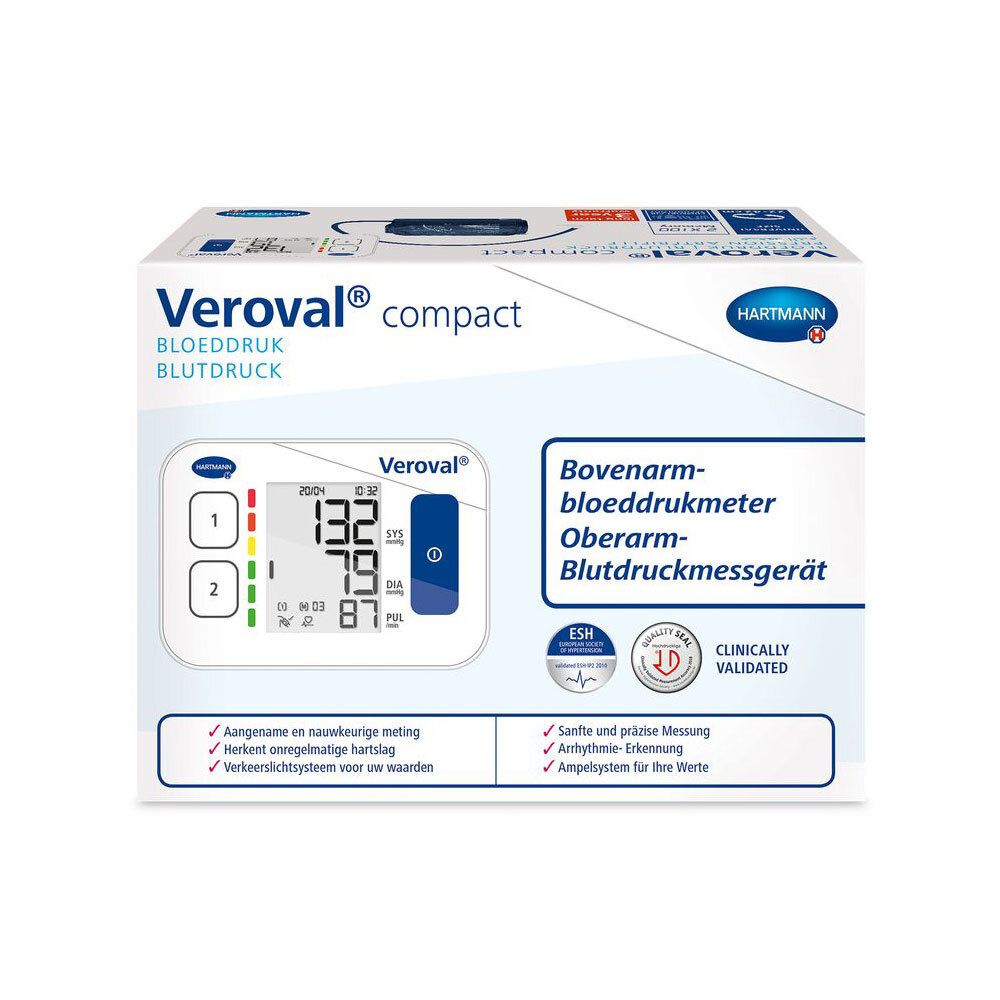 Veroval compact bloeddrukmeter in verpakking. Display: 132/79, pols 87. Hartmann logo. Klinisch gevalideerd.