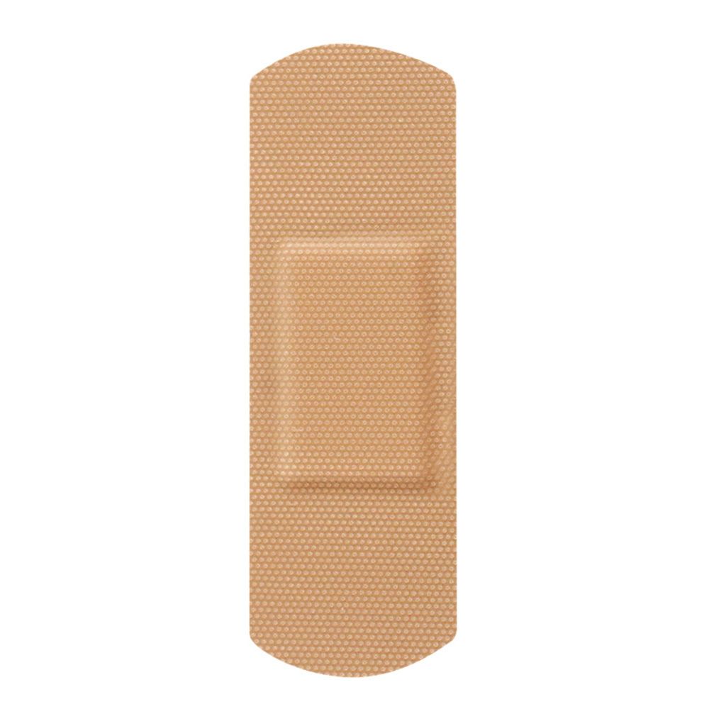 Pansement individuel. Beige, rectangulaire avec coins arrondis. Compresse carrée centrale.