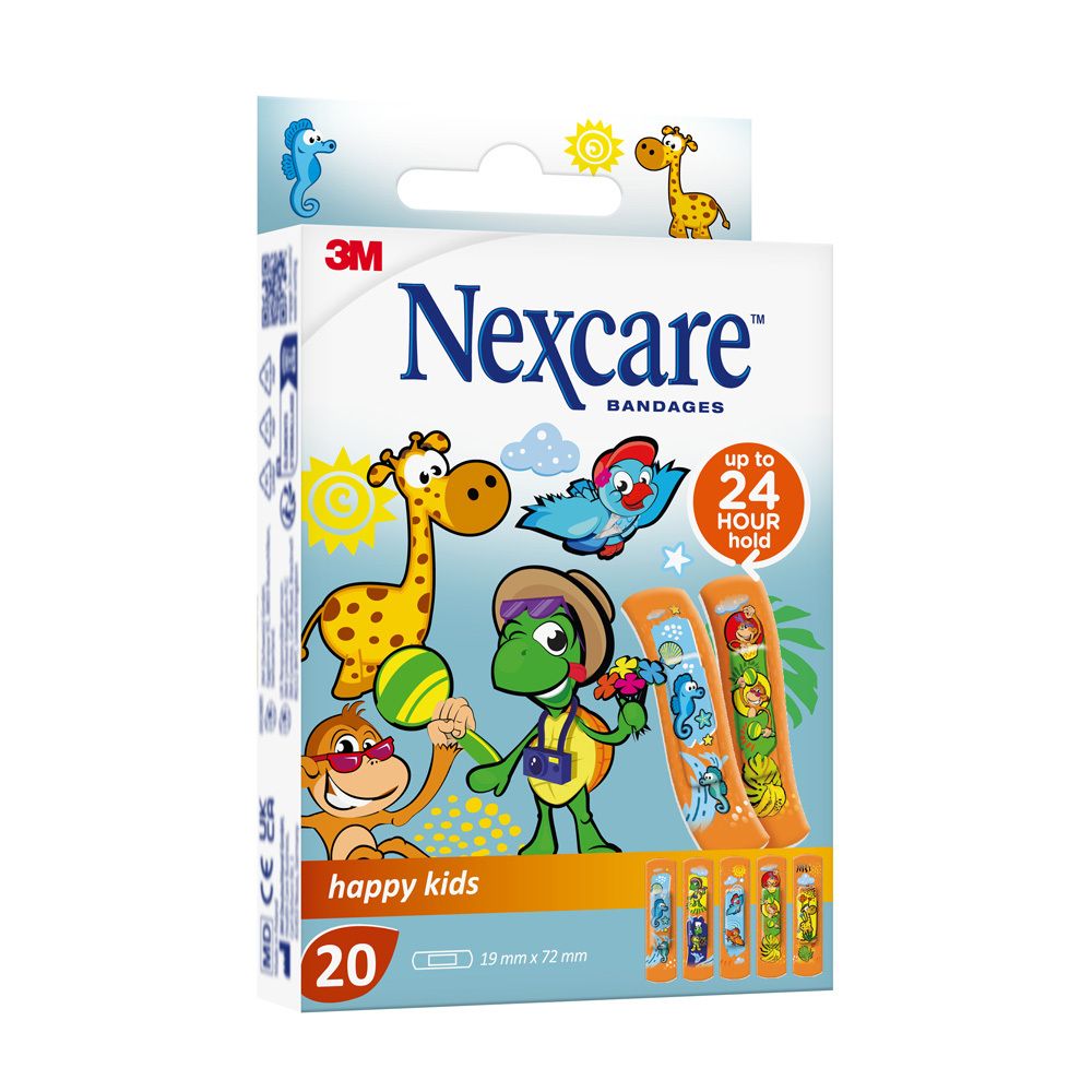 Verpakking met Nexcare happy kids pleisters. 20 stuks, 19 mm x 72 mm. Jungle dieren. 3M logo.