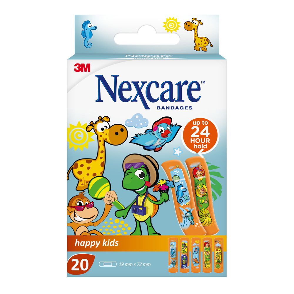Boîte de pansements Nexcare happy kids. 20 pièces, 19 mm x 72 mm. Motifs animaux de la jungle. Logo 3M.