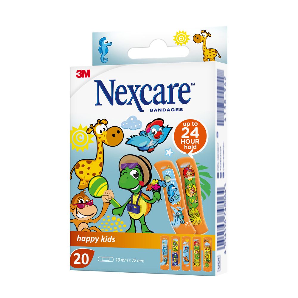 Verpakking met Nexcare happy kids pleisters. 20 stuks, 19 mm x 72 mm. Jungle dieren. 3M logo.