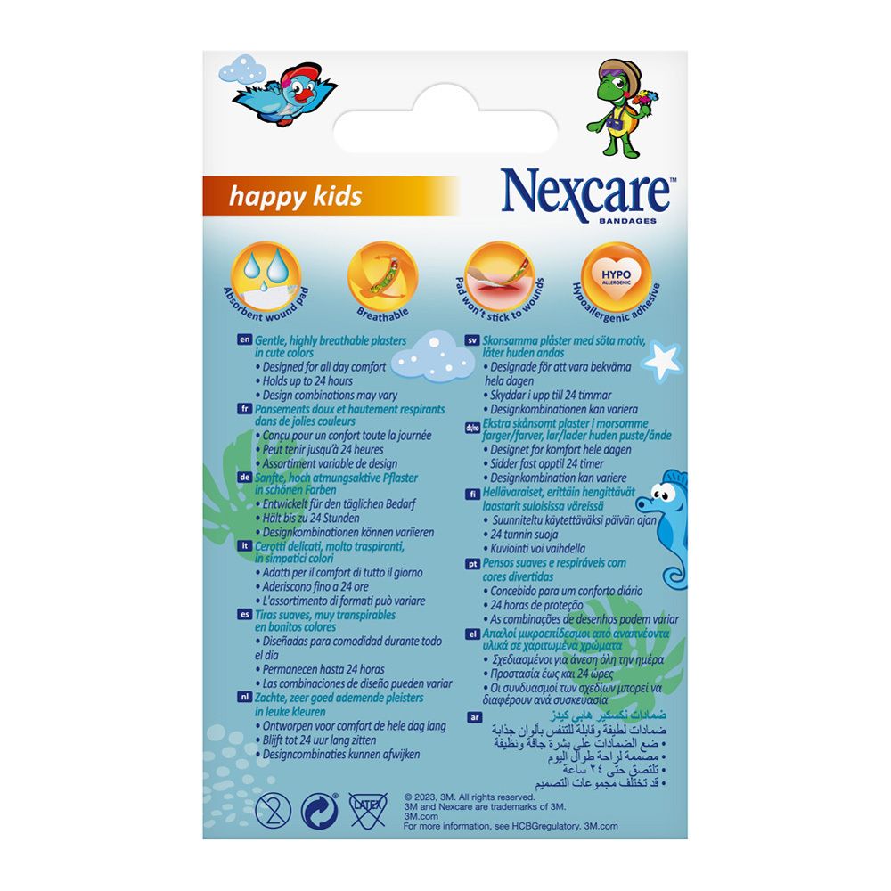 Achterkant van de verpakking met productinformatie. Nexcare happy kids pleisters. Meertalig.