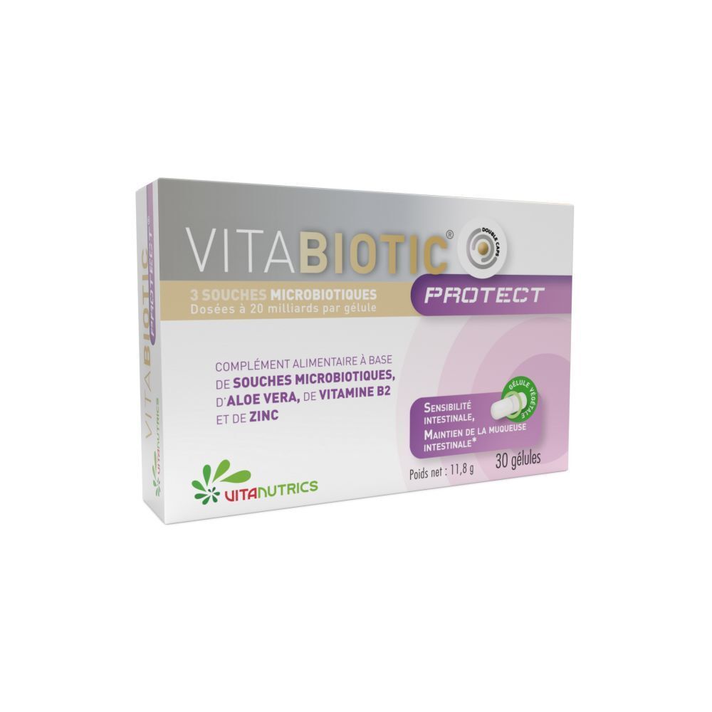 Boîte Vitabiotic Protect. Contient 30 gélules. Inscription: 3 Souches Microb.